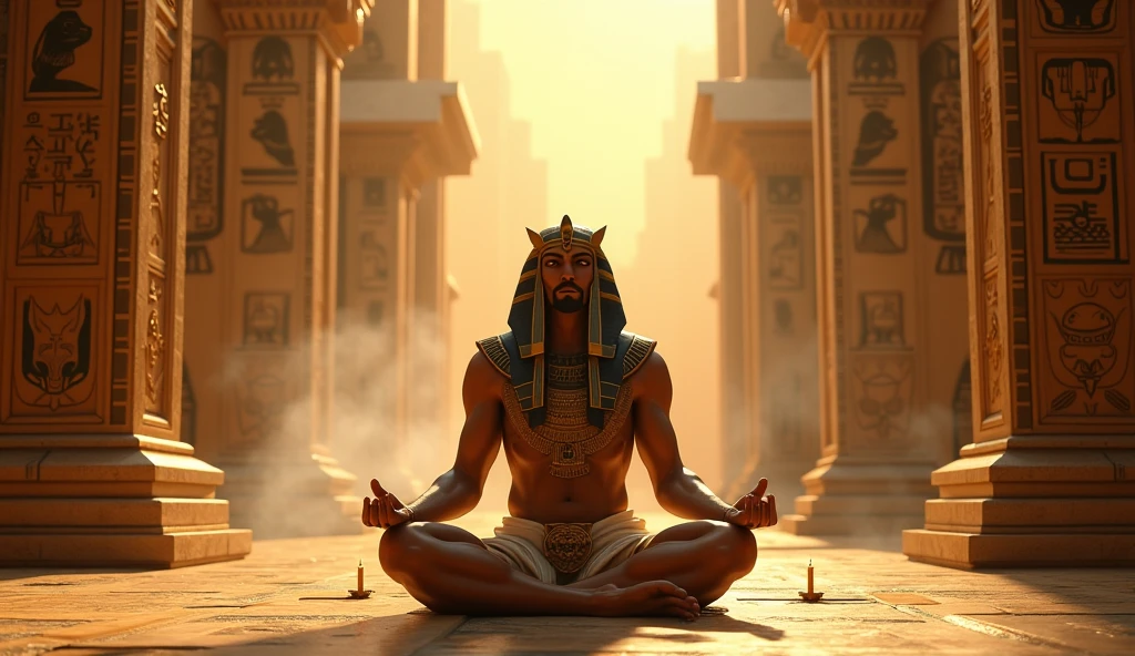 Horus is meditating inside a temple, surrounded by symbols of Maât, the goddess of truth and order. The setting is serene, with an atmosphere of wisdom and divine purpose as Horus prepares for his future challenges.

