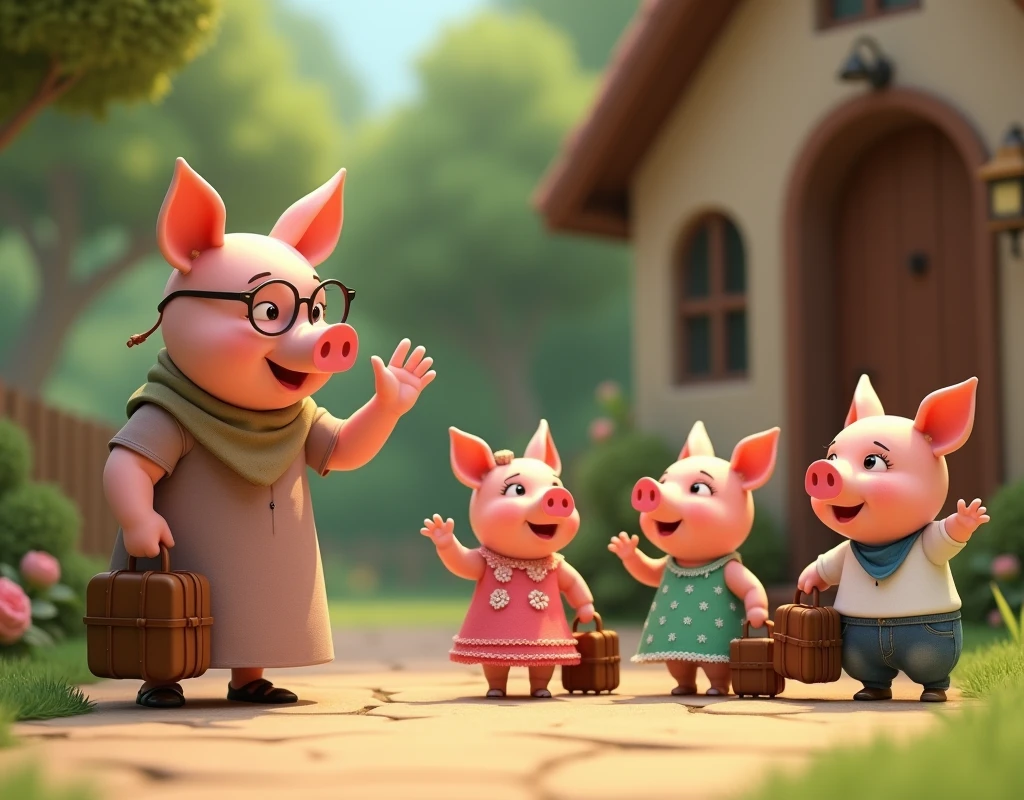 pixar style, 3d, 3 cute happy piglets and 1 mother pig. The mother pig is on the left, wearing glasses and a long dress and waving bye at the gate of the house. The three small piglets are of same height on the right side and looking at mother pig and waving bye outside the gate of the house. The piglets are carrying suitcases looking at mother pig and waving goodbye. One piglet is wearing pink dress with white flowers holding a pink suitcase, second piglet is wearing green dress with white polka dots is holding a green suitcase, third piglet is wearing white t-shirt blue jeans and a blue bandana is holding a blue suitcase, game button art, Game illustration, lovely digital painting, artstation for kids art, Official artwork, key art, mobile game art, cover game art, zootopia concept art, (soft lighting:1.3), (green and earthy color scheme:1.3), (highly detailed), (ultra quality:1.3), (masterpiece), (digital art), 8K resolution, HDR, depth of field, (soft shadows), (photorealistic:1.3), (animation:1.2), (by Greg Rutkowski:0.9), (in the style of Alphonse Mucha), trending on ArtStation, award-winning art, 3d style
