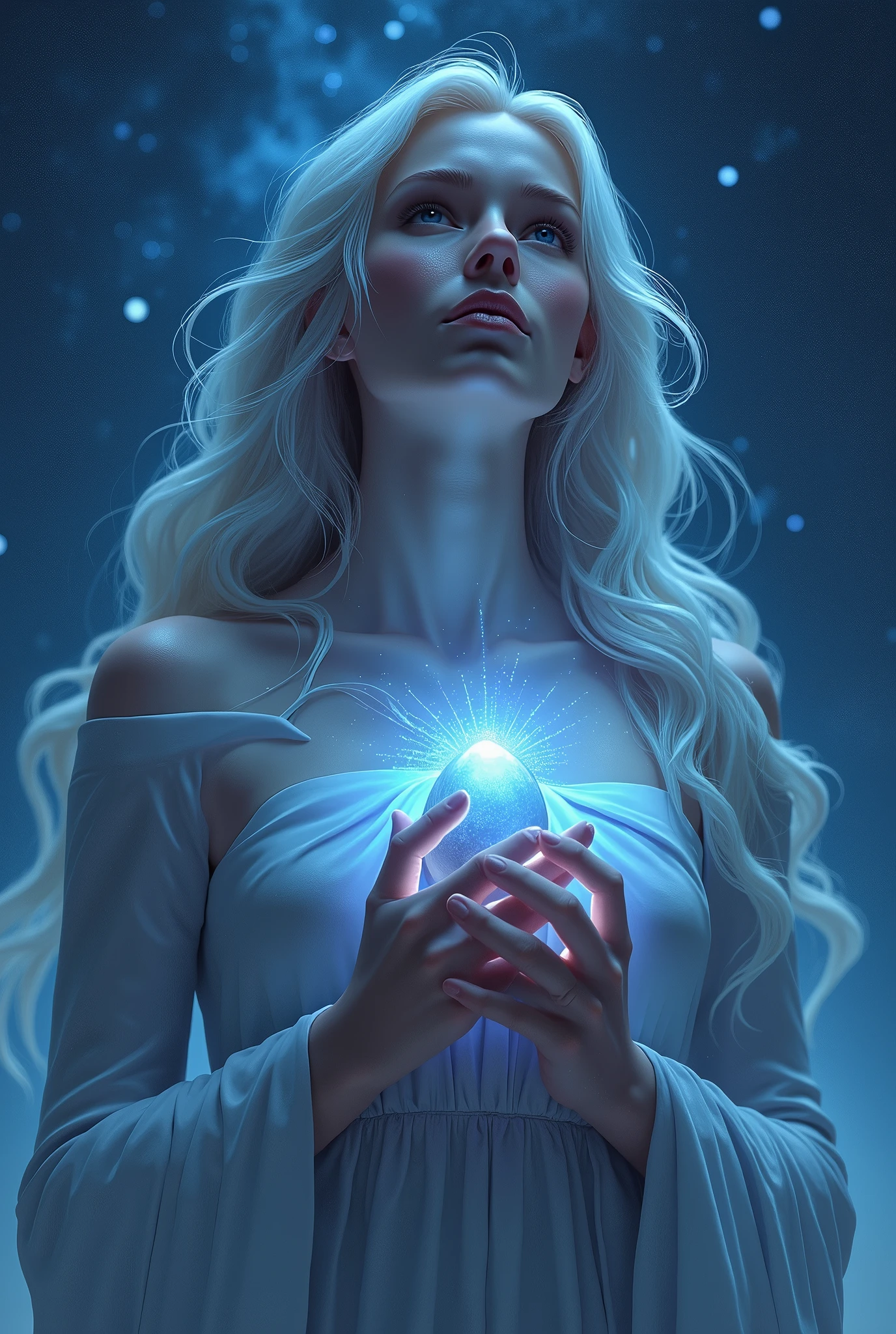 goddess　Tightness　Beautiful face　Upper body holding a stone in front of the chest with both hands　up　Night Sky　Starry Sky　high resolution　The face is straight in front of you