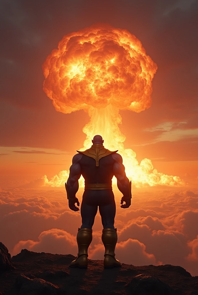 Thanos see atomic bomb fusion  on earth at sunset 