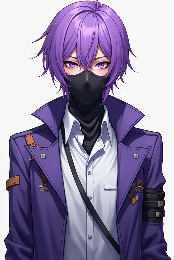 Make me a male anime character, a robot human with eyes covered with black cloth, purple hair, wearing a white shirt, purple jacket