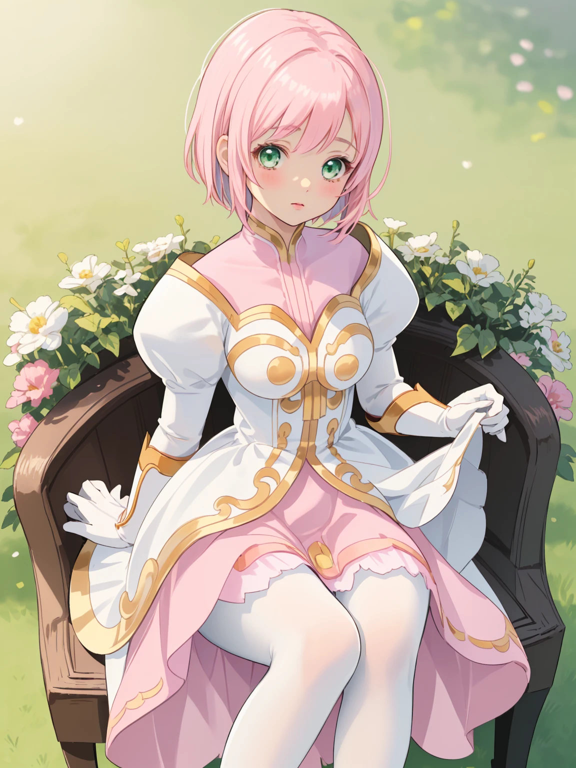 masterpiece, Highest quality, alone, One Girl,Estellise Sidos Heurassein, Pink Hair, short hair, Green Eyes, Small breasts, White and pink dress, Glamorous Dress, Pink collar, Pink Skirt, White boots, White gloves, (Black Pantyhose, Black legwear:1.1)whole body, Little:5, cute, (Beautifully detailed face), (Beautiful attention to detail), (Beautiful detailed hair), mini skirt, (skirt lifted by self:1.2), pov