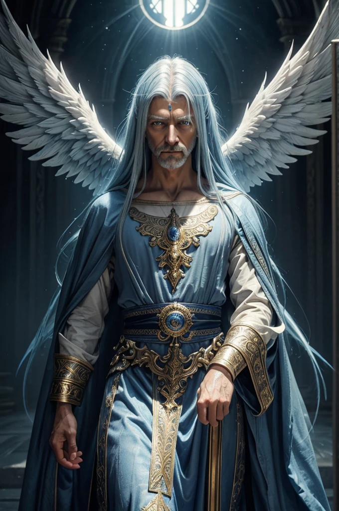 a wise old man, angelic man, male angel, realistic 3D, long blue hair, bright yellow eyes, highly detailed, intricate details, cinematic lighting, dramatic shadows, glowing aura, ethereal, mystical, divine, spiritual, photorealistic, 8k, hyperdetailed, hyper realistic, award winning, masterpiece
