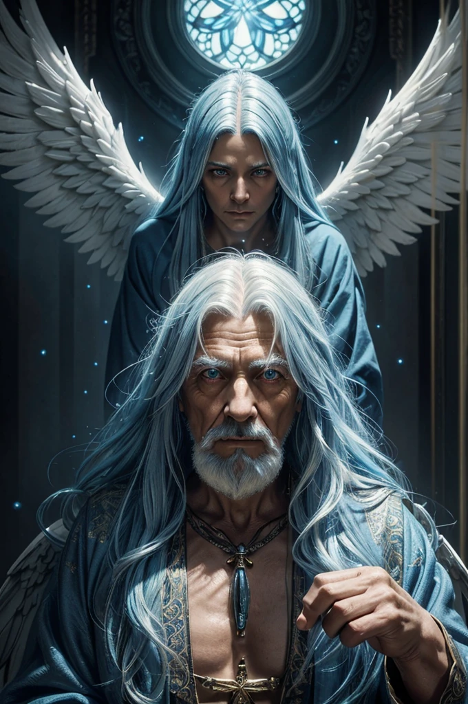 a wise old man, angelic man, male angel, realistic 3D, long blue hair, bright yellow eyes, highly detailed, intricate details, cinematic lighting, dramatic shadows, glowing aura, ethereal, mystical, divine, spiritual, photorealistic, 8k, hyperdetailed, hyper realistic, award winning, masterpiece