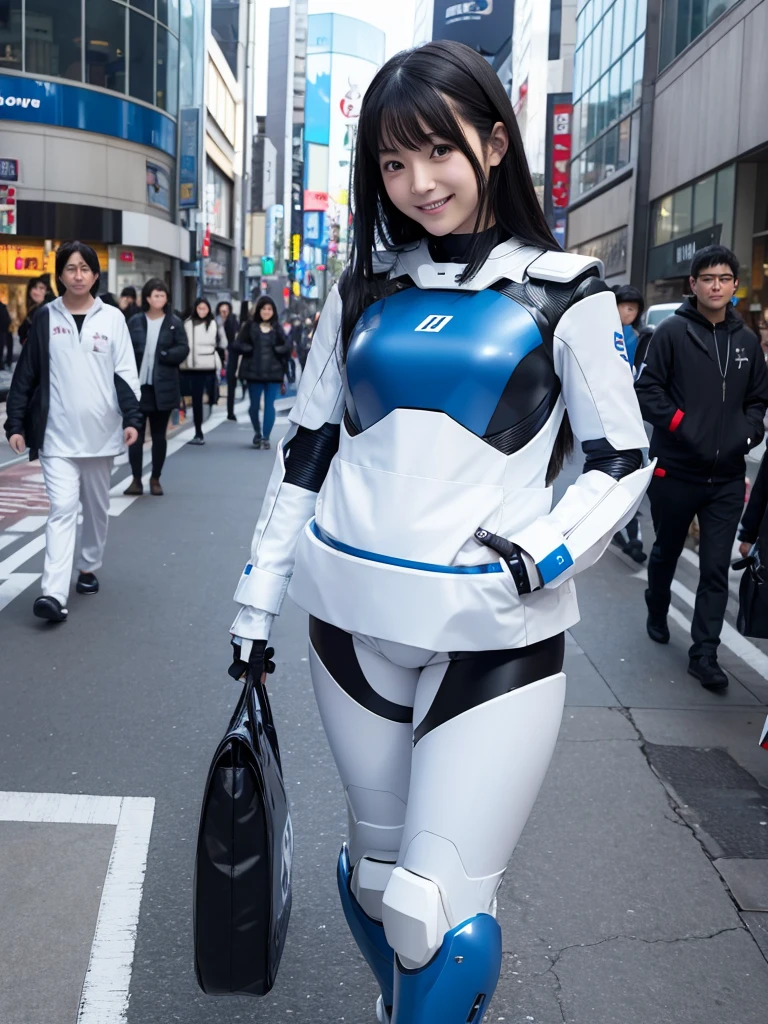 Japanese female android,Black Hair,White and blue robot suit,Plump,Walking through Shibuya Center Street,smile