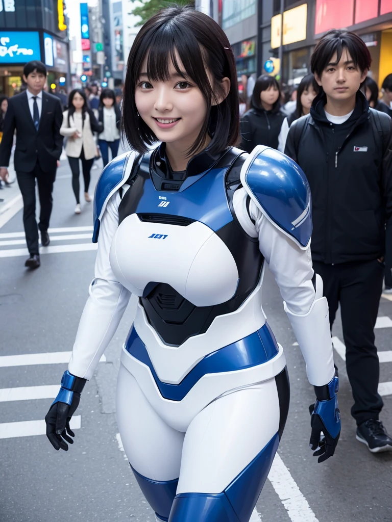 Japanese female android,Black Hair,White and blue robot suit,Plump,Posing on a tropical street in midsummer,Sweaty,smile,
