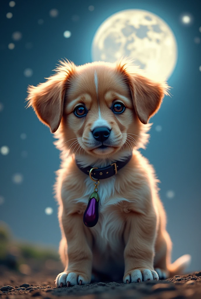 Masterpiece. Double exposure. Conceptual art. 16K. UHD. High quality, photorealism. Thematic background.
Cute serious Guard Puppy. There is a pendant in the form of a small eggplant hanging on the collar. Starry night. Full moon.
Fantasy. Mysticism. Stunning full-color design, sharp focus, studio shooting, intricate details, high detail, detailed anatomy. Hyperrealism.