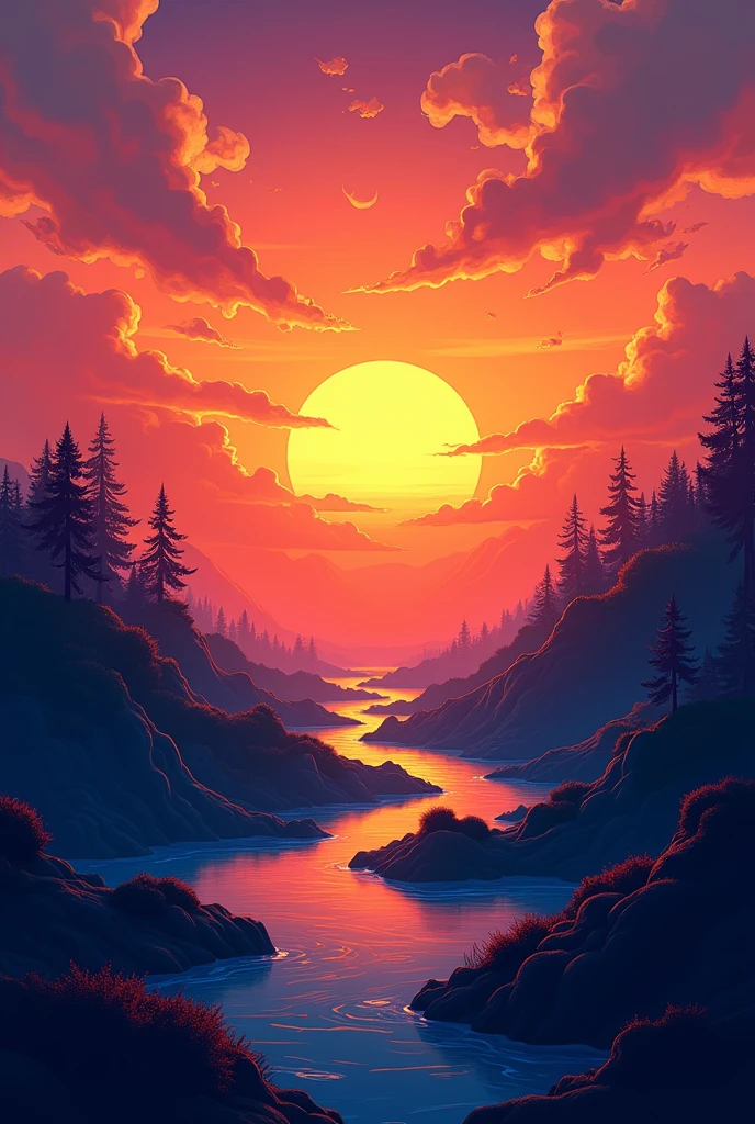 Vibrantly colored sunset landscape, Dramatic orange sky, the sun shining in, Vibrant orange to blue gradient, Intense blue and orange lighting, Orange and blue shades, Atmospheric lighting background, Dynamic and vibrant backgrounds, Digital Illustration, Vibrant and energetic colorful background, Striking color contrast background