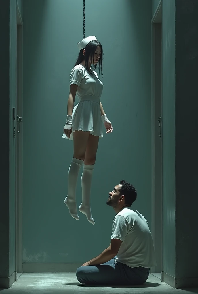 Scene of female nurse hanging herself in white thigh high socks ,hovering in the air , a man sitting on the ground in panic 