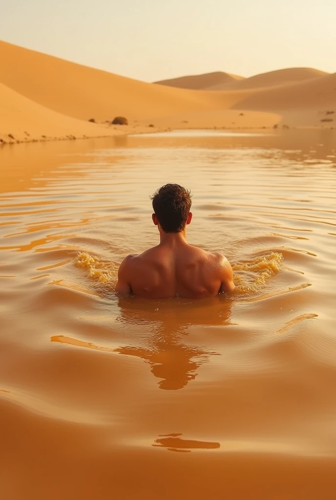 Un hombre swimming en el desierto, 4k, (swimming), (swimming), (the sand moves like waves), (landscape photography), Sony A7iii, lente 35mm, High resolution, The best quality, anatomically correct, masterpiece, Impressionism, short hair, Plano americano,