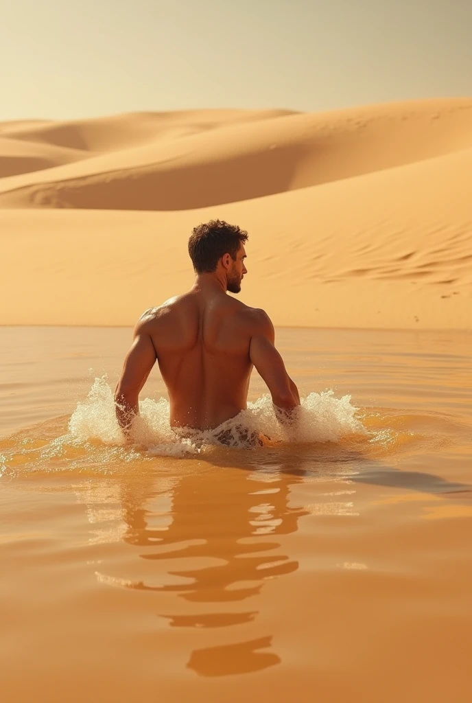 Un hombre swimming en el desierto, 4k, (swimming), (swimming), (the sand moves like waves), (landscape photography), Sony A7iii, lente 35mm, High resolution, The best quality, anatomically correct, masterpiece, Impressionism, short hair, Plano americano,