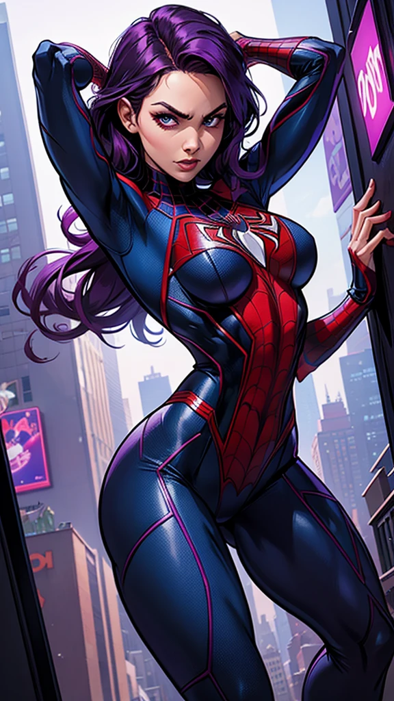 Create Spider-Woman in New York, She wears a purple uniform identical to Spider-Man&#39;s and has dark purple hair., her face covered with the purple spider man mask, look like young Sandra Bullock, sensual and hot, big breasts, athletics, thick-thighs, thin hips, wears armor on his feet, full body in the image, 8k, Best possible quality.