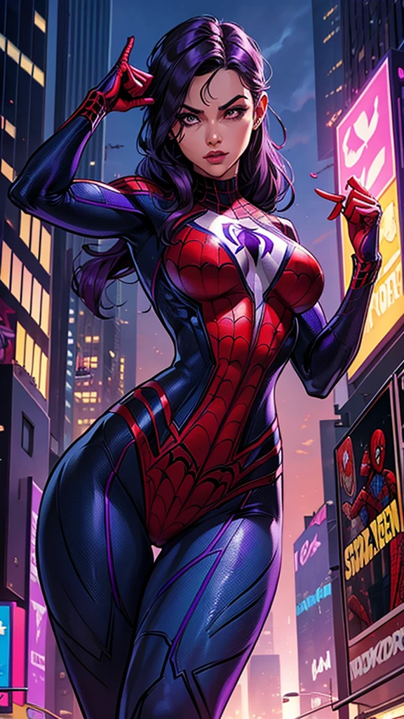 Create Spider-Woman in New York, She wears a purple uniform identical to Spider-Man&#39;s and has dark purple hair., her face covered with the purple spider man mask, look like young Sandra Bullock, sensual and hot, big breasts, athletics, thick-thighs, thin hips, wears armor on his feet, full body in the image, 8k, Best possible quality.