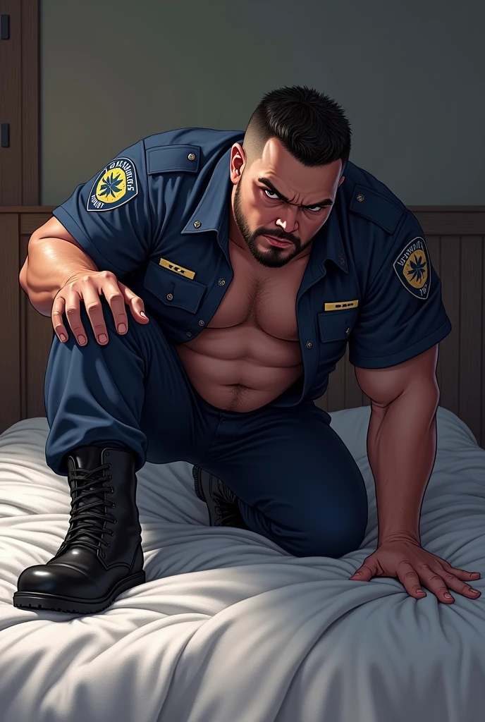 bara art illustration of a male military police officer with dark blue uniform and black boots, he is stocky and has a protruding belly, on all fours in bed