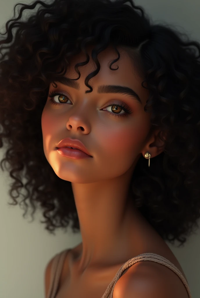 Beautiful girl with dark skin, medium black curly hair, Hazel eyes