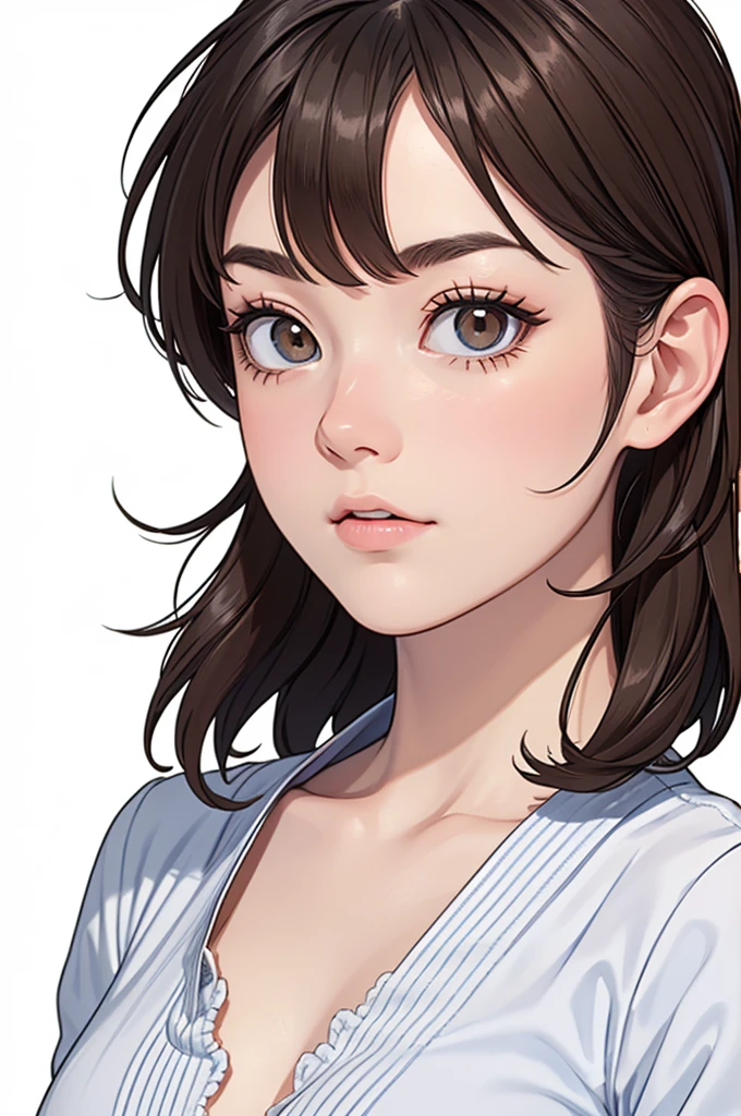 (((masterpiece, best quality, ultra highres, 1 girl, solo, white background))), super detailed skin and face and eyes and finger, beautiful japanese woman, flat breasts:1.5, skinny, light brown hair, very short pixie hair, pixie haircut, cowboy shot, no background, 2D anime, boyish, Various clothes, Various poses, Various facial expressions, draw the entire character within the frame, ensuring that the head, arms and legs are not cut off, with the character positioned centrally,