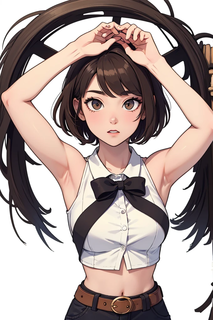 (((masterpiece, best quality, ultra highres, 1 girl, solo, white background))), super detailed skin and face and eyes and finger, beautiful japanese woman, flat breasts:1.5, skinny, light brown hair, very short pixie hair, pixie haircut, cowboy shot, no background, 2D anime, boyish, Various clothes, Various poses, Various facial expressions, draw the entire character within the frame, ensuring that the head, arms and legs are not cut off, with the character positioned centrally,