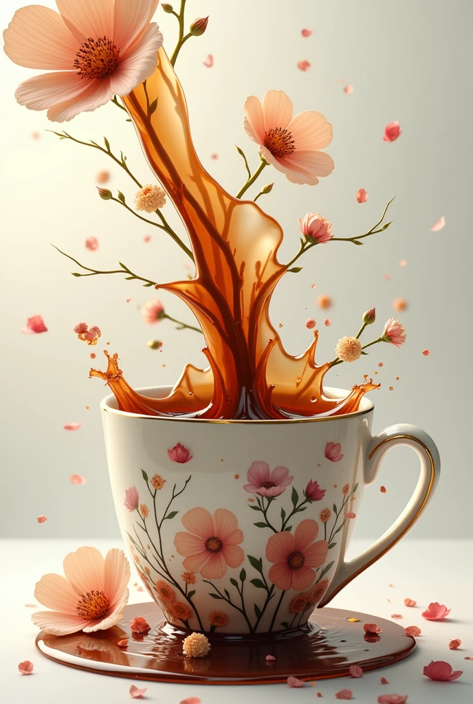 Overflowing of coffee in the cup designed by flowers 