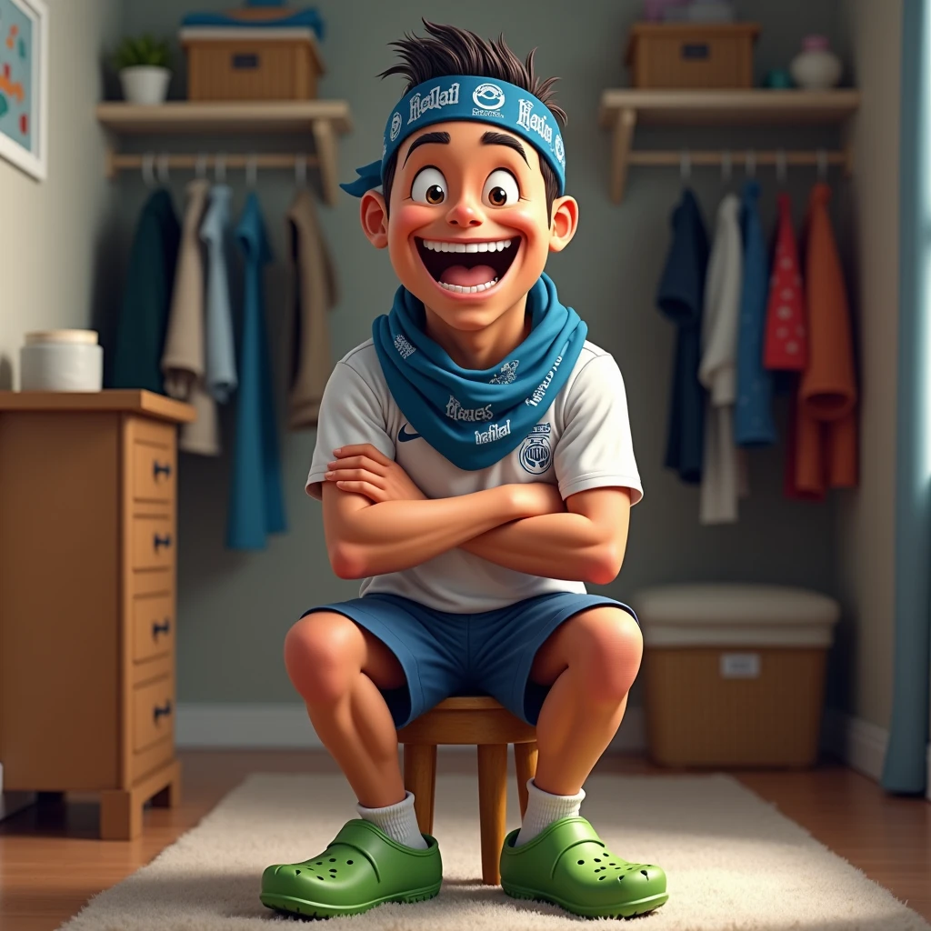 The image shows Cristiano Ronaldo sitting on a wooden stool in a room. He is wearing a blue bandana on his head and a blue scarf around his neck. He has a big smile on his face and his mouth is open, as if he is laughing. His eyes are wide open and his eyebrows are furrowed. He also has a pair of green crocs on his feet. The background shows a closet with clothes and a dresser. The overall mood of the image is cheerful and playful.