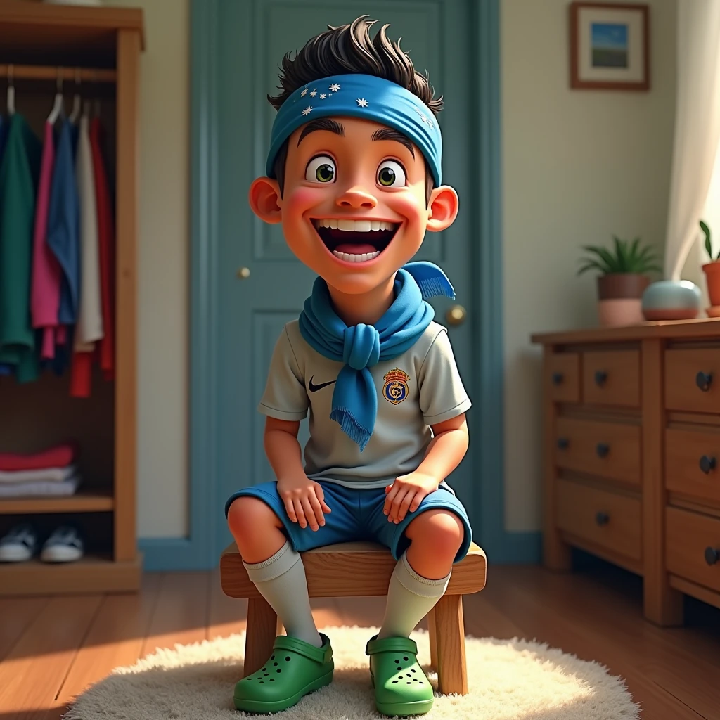 The image shows Cristiano Ronaldo sitting on a wooden stool in a room. He is wearing a blue bandana on his head and a blue scarf around his neck. He has a big smile on his face and his mouth is open, as if he is laughing. His eyes are wide open and his eyebrows are furrowed. He also has a pair of green crocs on his feet. The background shows a closet with clothes and a dresser. The overall mood of the image is cheerful and playful.