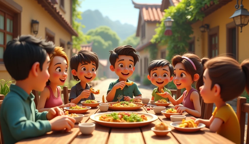 The people eating mealin the village 3D cartoon