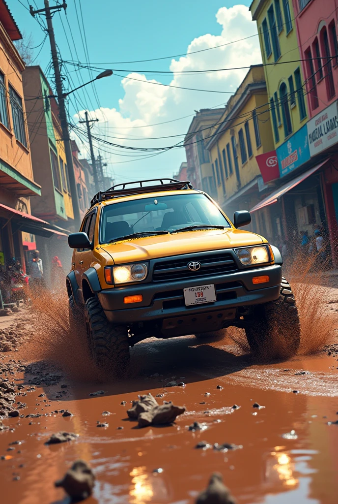 cinematic anime of modified 2000 toyota 4 runner rushing through the muddy streets of Kampala city