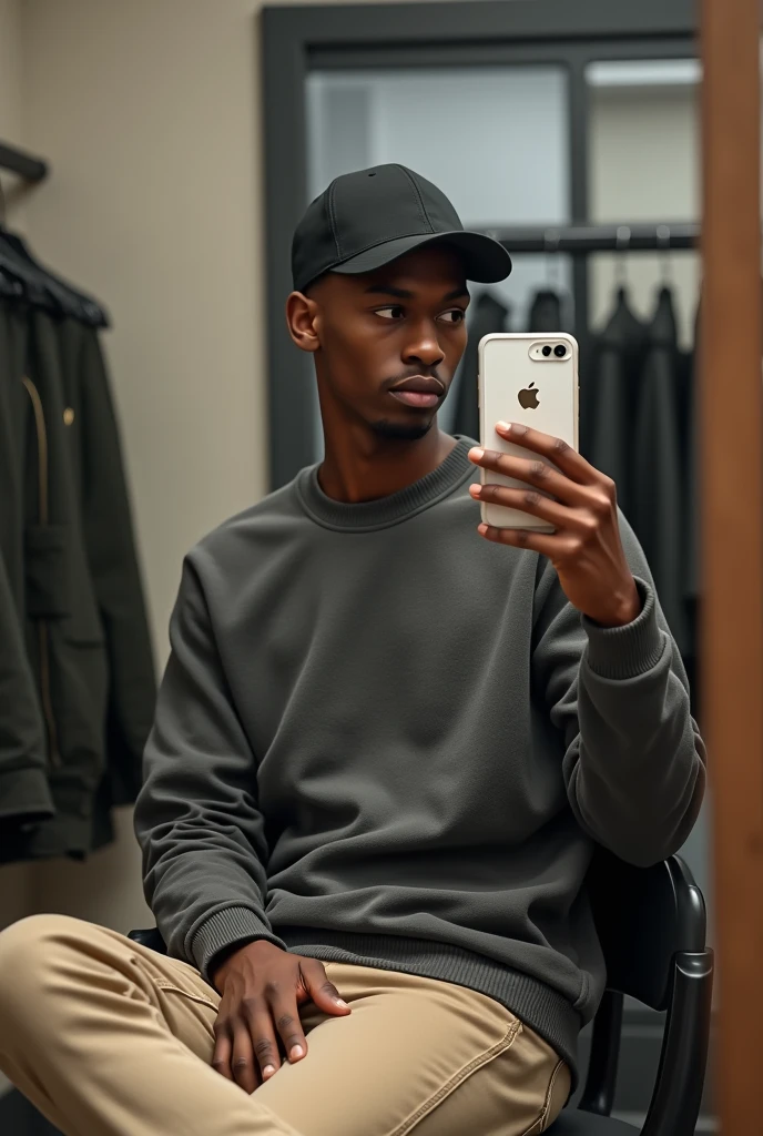 best qualityer:1.4), (ultra high resolution:1.2), (photorrealistic:1.4), (8k, CRU photo:1.2), a thin young man of 20 years old, skin black, with a smooth, beardless face, corte de cabelo buzzcut, He's wearing a black cap. He's wearing a gray sweatshirt. He is wearing beige jeans. He is sitting on a black chair inside a fitting room. Taking a photo in the mirror with an iPhone 15 with a white case. A thin person.