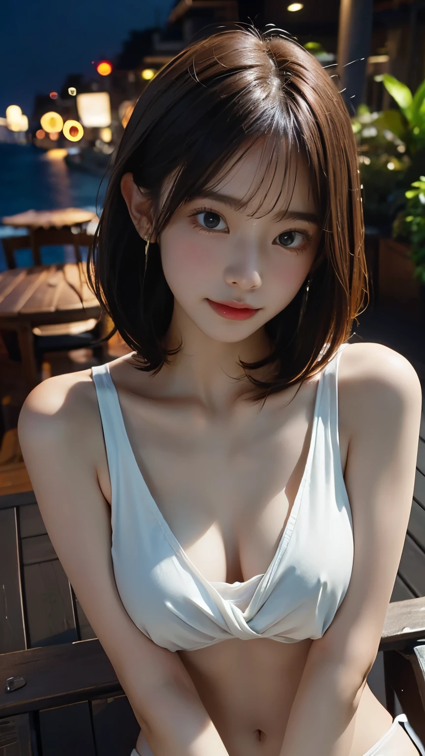 Highest quality,Realistic,masterpiece,detailed,High resolution,cute , chest, 1 girl, alone, Nipples, Masturbation, No fixes, , big chest, blush, , grabbing own chest, Pull up clothes, pulling up shirt, Poster (object), short hair, belly button, Sweat, 椅子にsit, jewelry, Earrings, Outdoor, Bottomless, Mole, Orange Hair,, lips apart, very good, clavicle, Glowing Skin, lips, Open your mouth, shirt, Green Eyes, vein, Realistic,Excited,Flushing,splash,Black and white bikini,Ocean View,Resort hotels,The sea in the distance,Altitude 300 meters,detailedな手,beer garden,terrace,evening,sunset,sit,lure,Erotic,dark