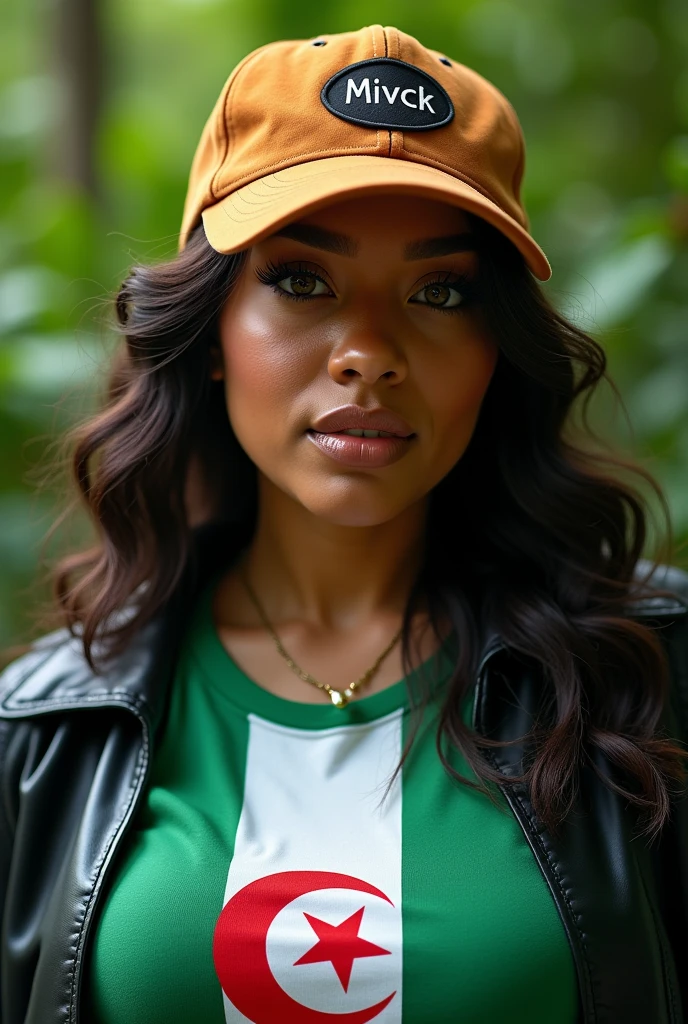 Close up, attractive, plump woman . Wearing a black leather coat, Boné Trucker Caramelo Camurça Brasão | MVCK, T-shirt with Algerian flag detail and detail in green and white, green nature background