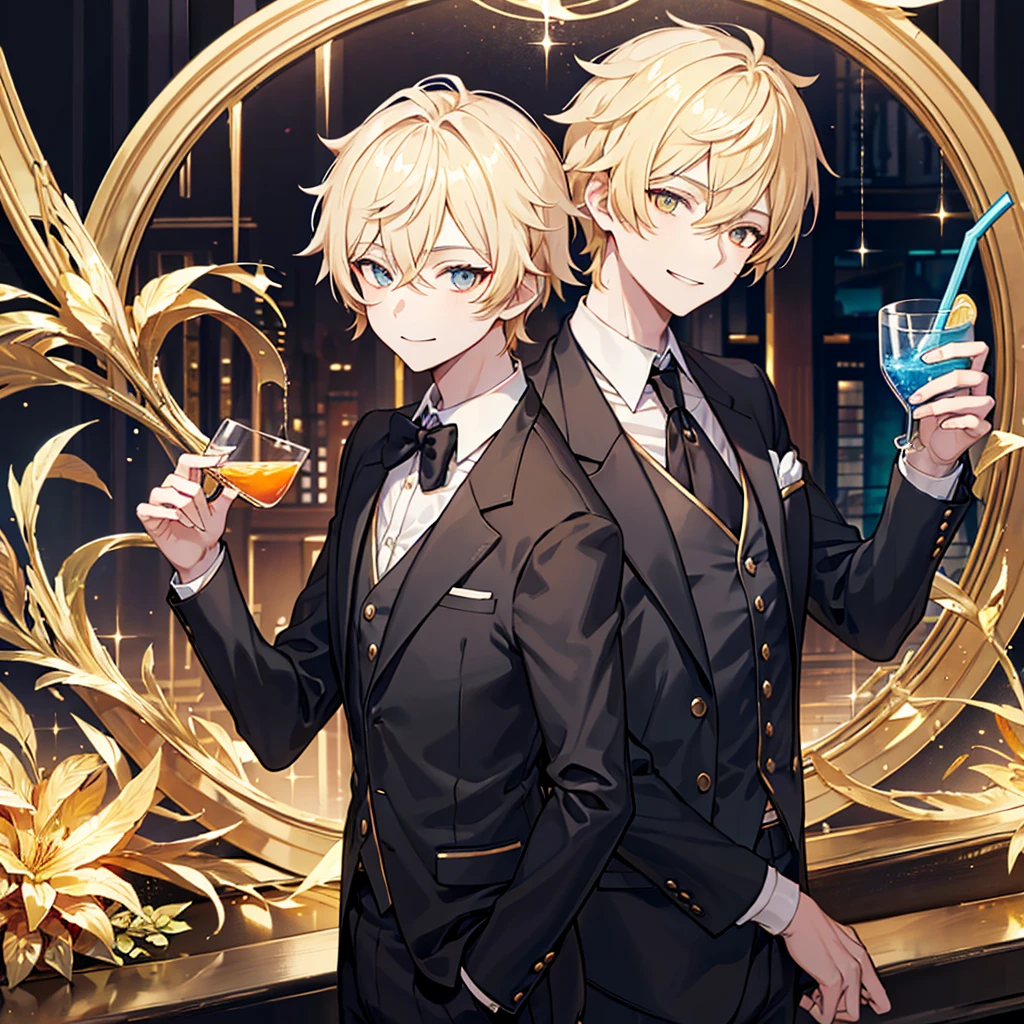 ether, ether from genshin impact, 1 boy, bartender in a stylish pose, Holding the glass, blonde, Golden eyes, cute face, Black suit, blue drink, simple formal suit, golden vest, tavern background, side view, Close-up, decorative, masterpiece, high quality, HD, 4K, upper body, smiling,