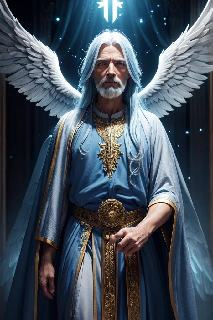a wise old man, angelic man, male angel, realistic 3D, long blue hair, bright yellow eyes, highly detailed, intricate details, cinematic lighting, dramatic shadows, glowing aura, ethereal, mystical, divine, spiritual, photorealistic, 8k, hyperdetailed, hyper realistic, award winning, masterpiece