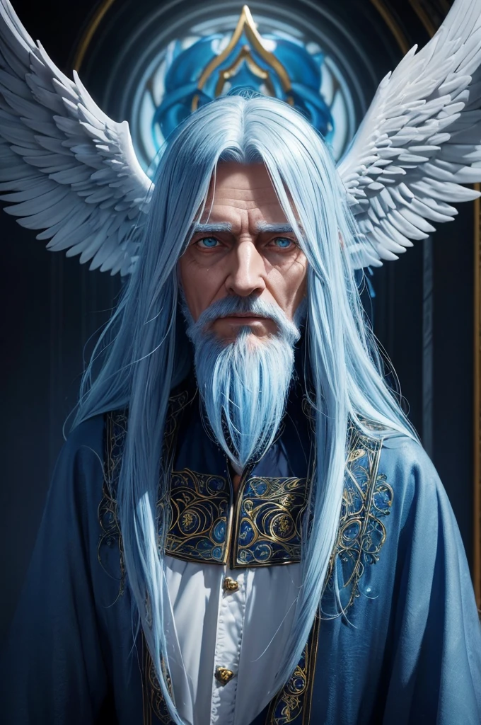 a wise old man, angelic man, male angel, realistic 3D, long blue hair, bright yellow eyes, highly detailed, intricate details, cinematic lighting, dramatic shadows, glowing aura, ethereal, mystical, divine, spiritual, photorealistic, 8k, hyperdetailed, hyper realistic, award winning, masterpiece