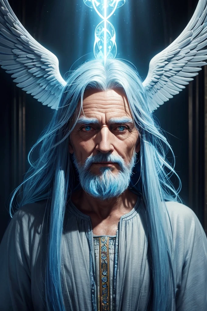 a wise old man, angelic man, male angel, realistic 3D, long blue hair, bright yellow eyes, highly detailed, intricate details, cinematic lighting, dramatic shadows, glowing aura, ethereal, mystical, divine, spiritual, photorealistic, 8k, hyperdetailed, hyper realistic, award winning, masterpiece