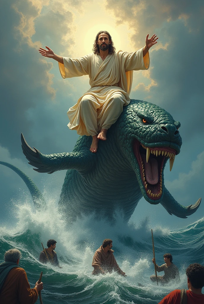 Jesus rides on the back of a sea monster and gives fish to fishermen