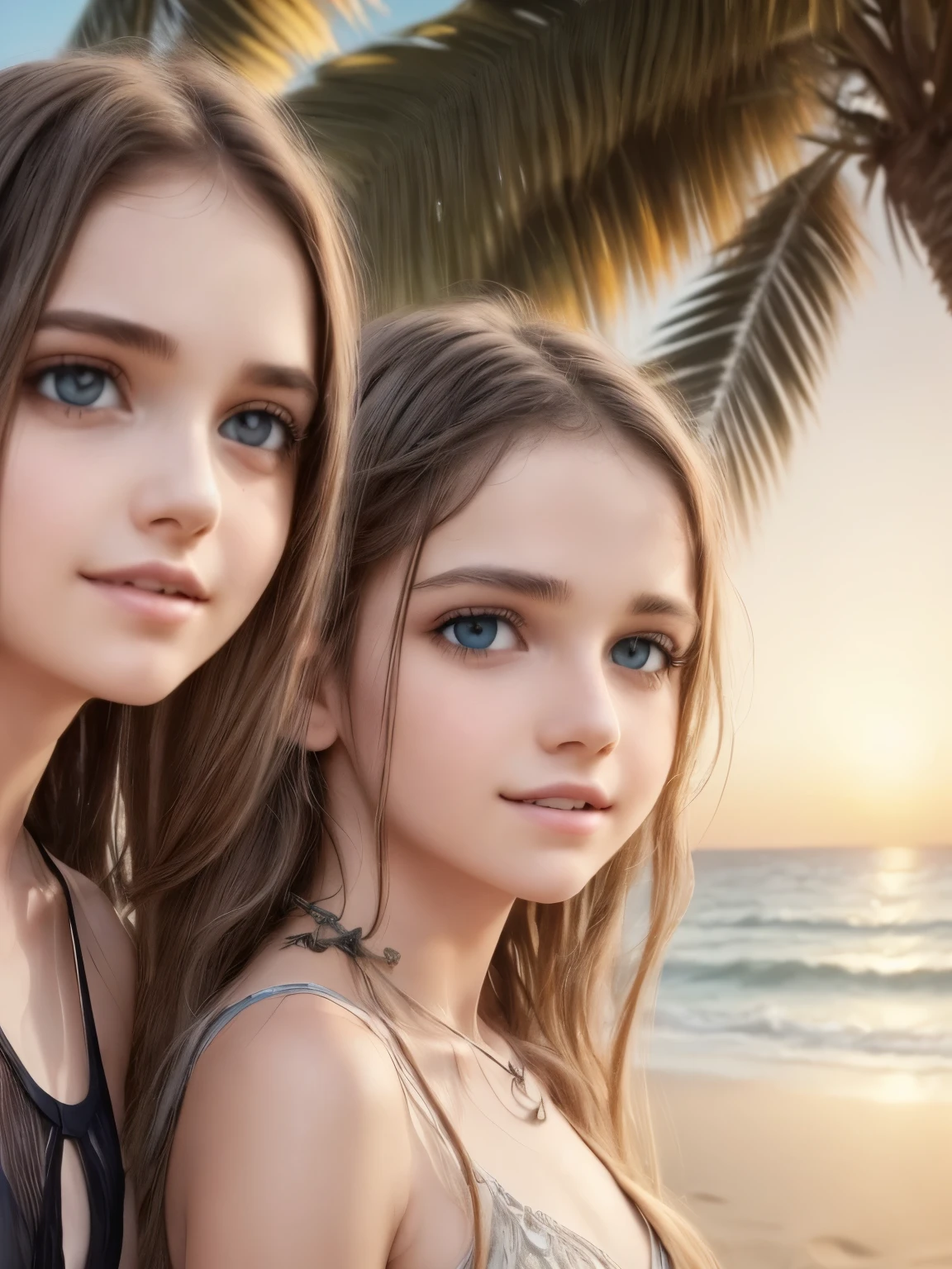 a group of byoung oys and young girls near the beach on a summer night, beautiful detailed eyes, beautiful detailed lips, extremely detailed eyes and face, long eyelashes, teenage, candid, natural outdoor lighting, sunset sky, crashing waves, sand, palm trees, vibrant colors, cinematic, dramatic, 8k, high resolution, photorealistic, hyper detailed, stunning, masterpiece