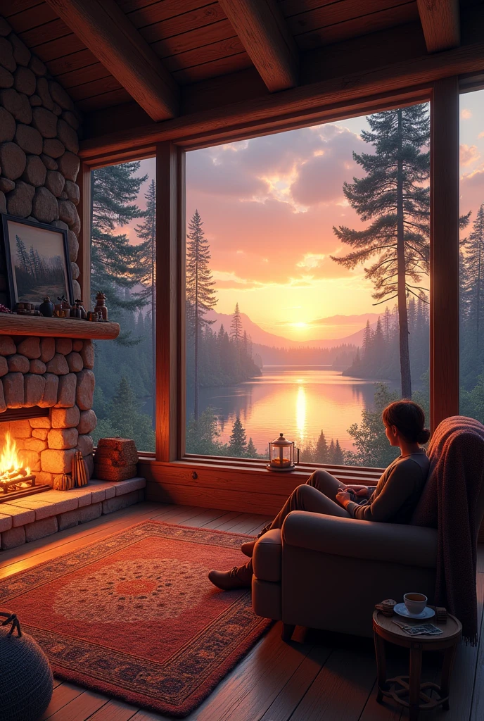 Cabin interior scene with windows to the sunset, various images