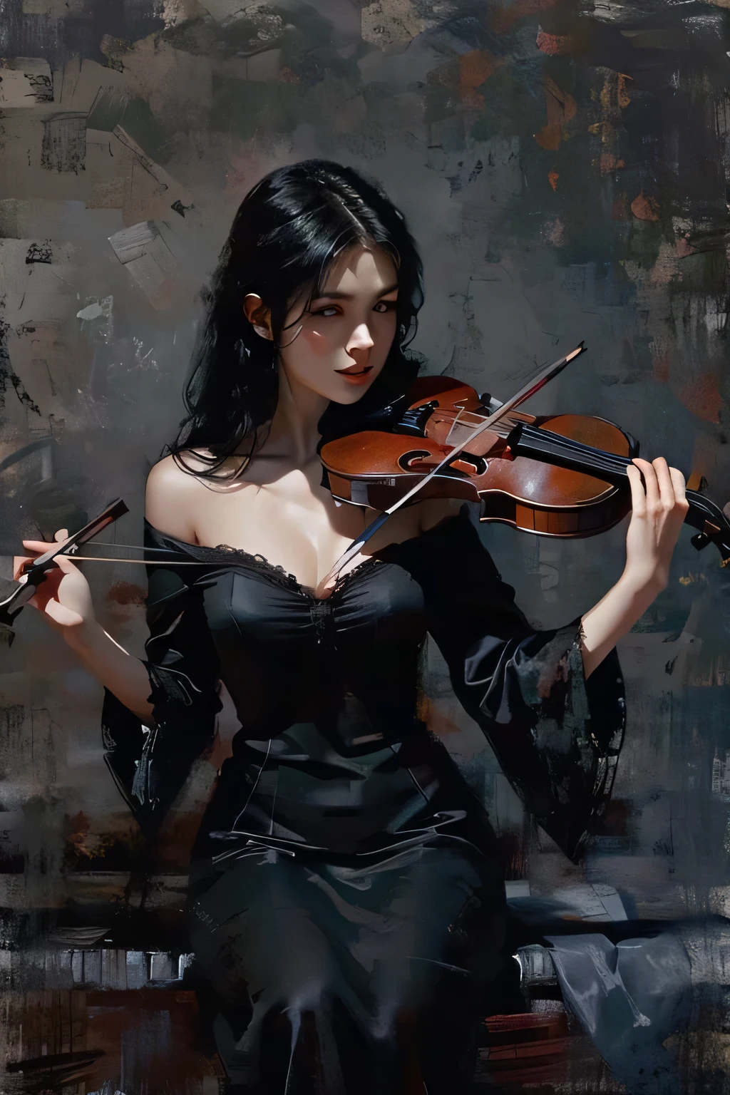 painting of an european vampire with long black hair, perfect body ,milk white skin, very revealing night dress, playing a violin in the dark red silk bed, smoky background