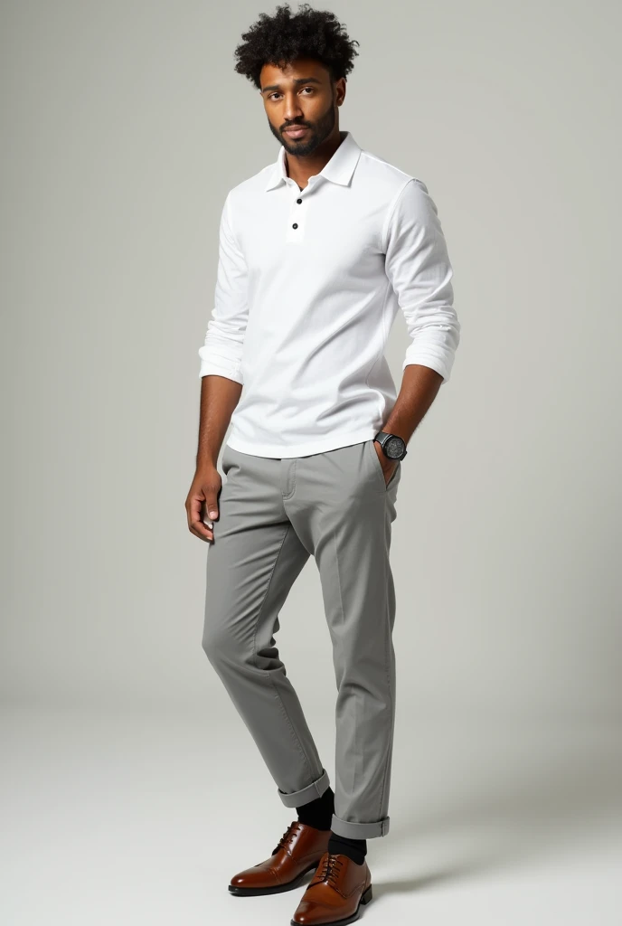 A guy wearing white long sleeve formal polo that doesn't tucked in, light gray pants and brown shoes with black socks