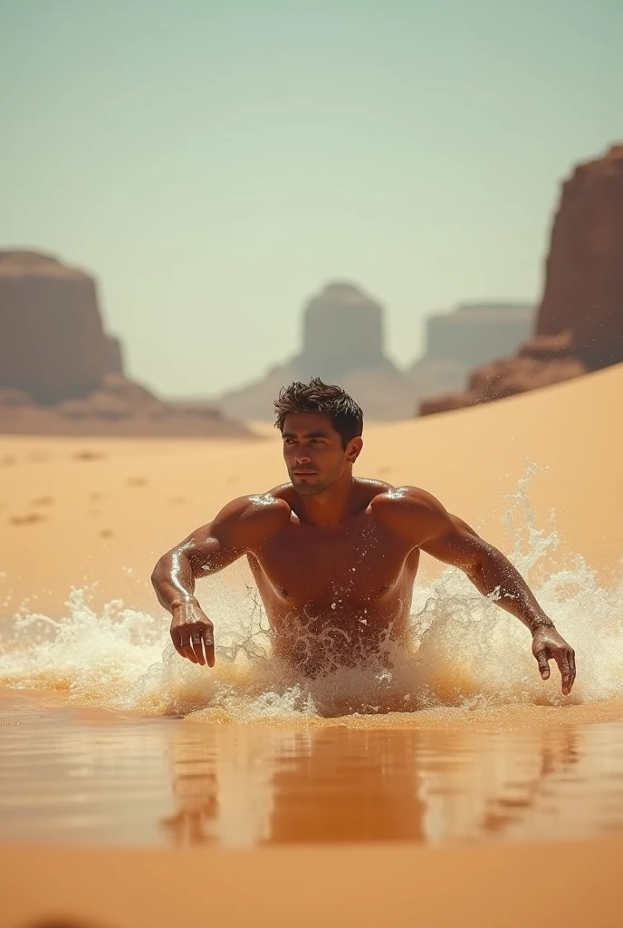 a man swimming in the desert, (swimming), (sand blowing like waves), (landscape photography), (realistic, photorealistic:1.37), (best quality,4k,8k,highres,masterpiece:1.2), ultra-detailed, (sony a7iii, 35mm lens), anatomically correct, impressionism, short hair, medium shot