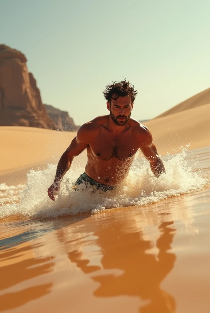 a man swimming in the desert, (swimming), (sand blowing like waves), (landscape photography), (realistic, photorealistic:1.37), (best quality,4k,8k,highres,masterpiece:1.2), ultra-detailed, (sony a7iii, 35mm lens), anatomically correct, impressionism, short hair, medium shot