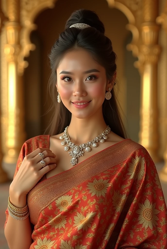 The lady with myanmar old dress and wear diamond necklace, bangles, rings that background golden palace.
