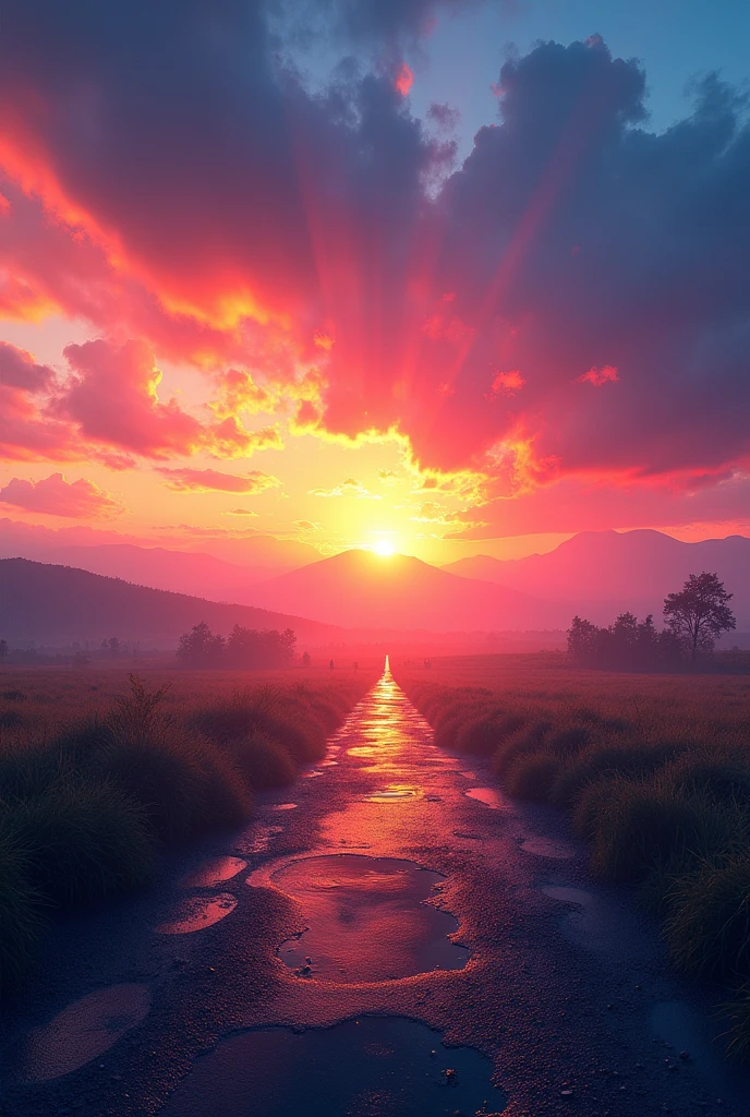 Vibrantly colored sunset landscape, Dramatic orange sky, the sun shining in, Vibrant orange to blue gradient, Intense blue and orange lighting, Orange and blue shades, Atmospheric lighting background, Dynamic and vibrant backgrounds, more realistic, Vibrant and energetic colorful background, Striking color contrast background
