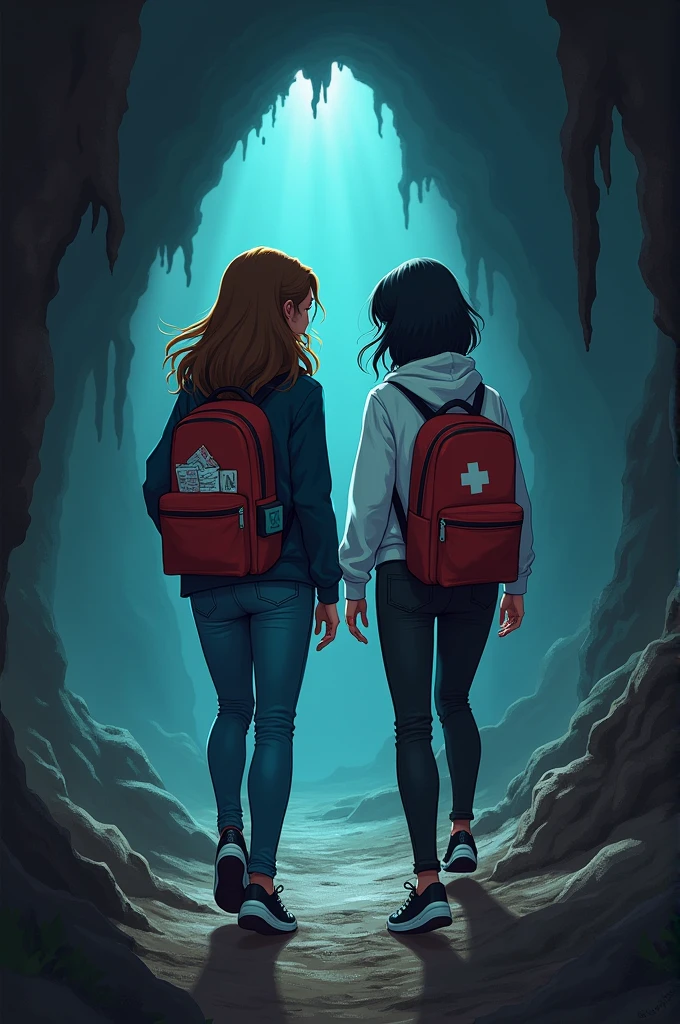 two grownup girls, one have long brown hair, wearing blue shirt and blue jean, other girl have short black hair wearing white hoodie and black jean. Both of them wears black sneakers and carrying light brown backpack. Inside a dark cave, medkit and bandages inside backpack. 2D semi realistic art style.