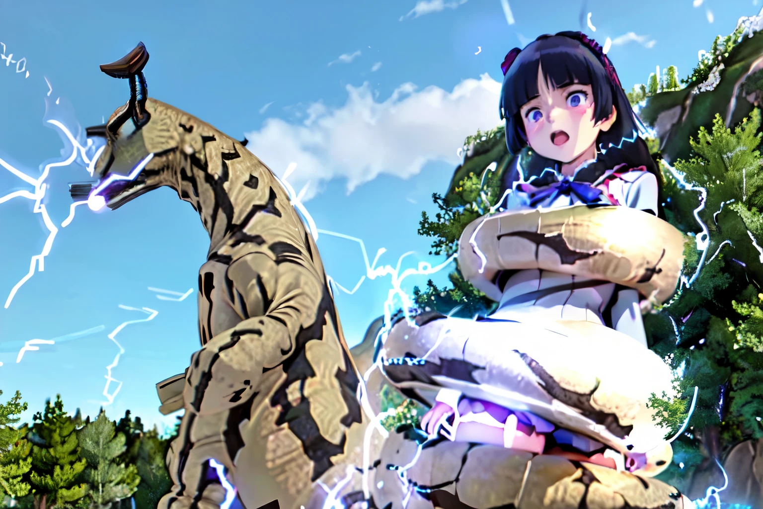 masterpiece,Highest quality,highly detailed,One girl,alone,
((ruri gokou)), Hime cut, Long Hair, Mole under the eye,Gothic & Lolita Fashion, Lolita Fashion, Long skirt destruction
(tail,Tentacles,alien,strangle,bound,BDSM),sf,bondage,Giant,Giantess,(Dragon,dinosaur,kaijuu),Water Play,Partially submerged,Open your mouth,The pupils constrict,shout,(((electricity))), Clothing