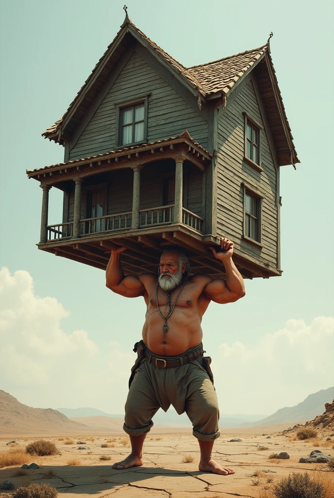 A strong old man carrying a house 