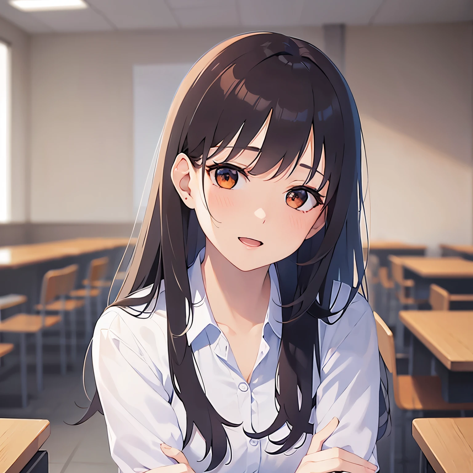 side angle,(looking away:1.5),Upper Body,head tilt,own hands together、
Realistic, real person, (pale skin: 1.2), RAW photo, photorealistic, shiny skin, shiny hair、
(A 2 woman with medium-length hair and bangs) and (wavy hair) and (brown hair) and (orange eyes) ,
(white collared shirts)
smile,open mouth,
The background is the conference room、(alone:1.5)
