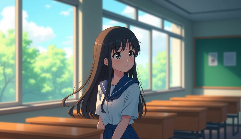Girl in high school classroom,Last row by the window,Looking out the window,Wearing uniform,Smiling happy expression,Shinkai Makoto style,Anime Style、Long Hair、A high school girl looking at a boy from afar、In the back of the classroom
