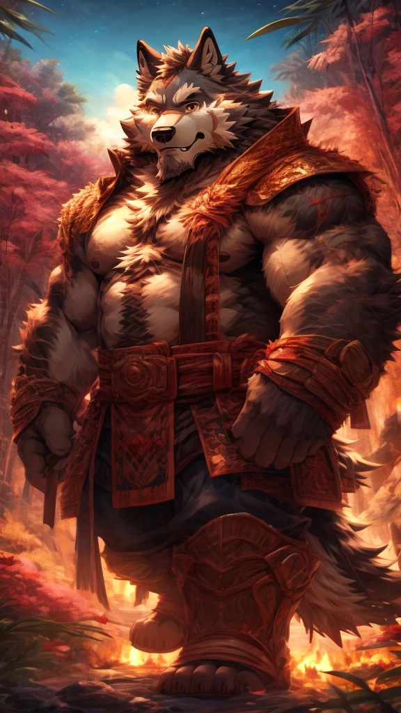 anime style, aid210, nj5furry, ((whole body)), ((monk)), standing, kick, ((plump middle-aged wolf man)), BREAK ((brown eyes)), one eye closed, beautiful beard, beautiful ears, (male face:1.3), (big face:0.5), square jawline, (Male Eyes:1.2), (sharp eyes:0.8), (big eyes:0.5), male eyebrows, (innocent look:0.5), (beautiful black nails down to the last detail:1.2), BREAK (complete Anatomy), (detailed face:1.3), beautiful face, (detailed body), (beautiful hands:1.2), (detailed fingers:1.2), (detailed eyes:1.1), (beautiful Eyes:1.1), arm details, Leg Details, beautiful feet, BREAK Muscular anthlo, body hair, ((hairy skin)), fluffy, (detailed brown nipples:0.8), (blood vessel:-0.8), (glowing Skin:-0.7), (chest hair:0.5), (1 tail), (a beautiful and detailed small tail), BREAK night sky, bamboo forest, outdoor,  ultra detailed, highest quality, ultra-high resolution, realistic, 16K, masterpiece, beautiful detailed, perfect solution, absurdists, (faint light),