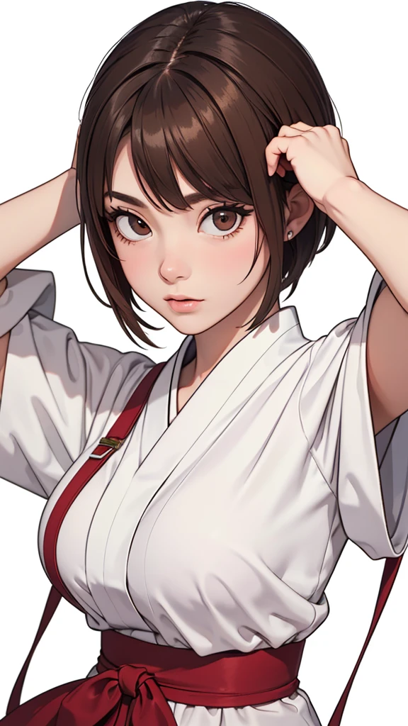 (((masterpiece, best quality, ultra highres, 1 girl, solo, white background))), super detailed skin and face and eyes and finger, beautiful japanese woman, flat breasts:1.5, skinny, light brown hair, very short pixie hair, pixie haircut, cowboy shot, no background, 2D anime, boyish, Various clothes, Various poses, Various facial expressions, draw the entire character within the frame, ensuring that the head, arms and legs are not cut off, with the character positioned centrally, 