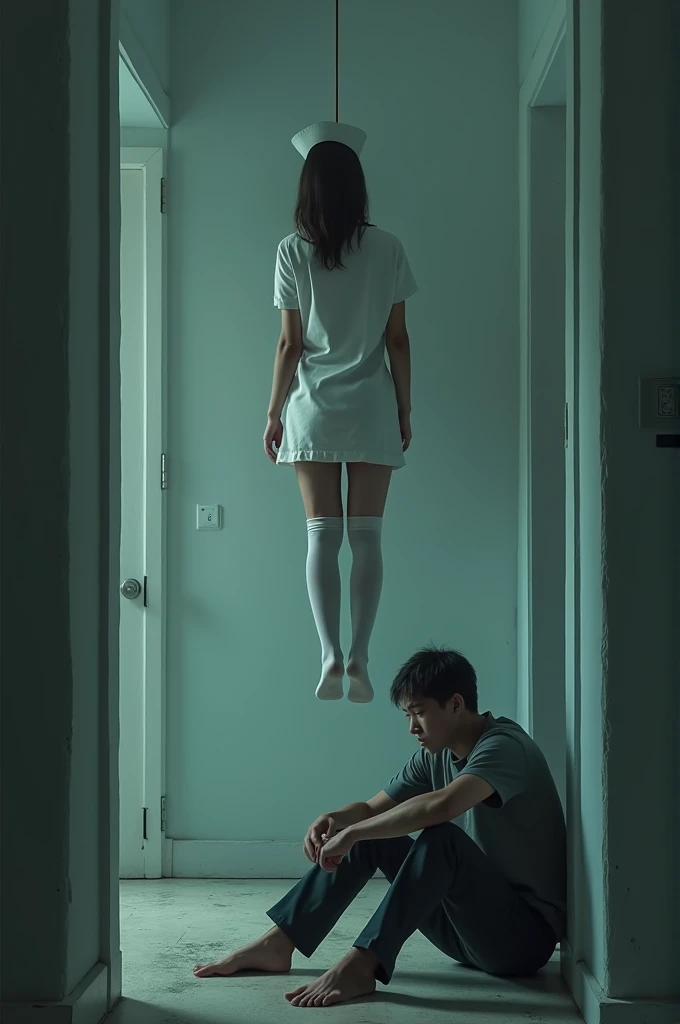 Scene of female nurse hanging herself in white thigh high socks ,hovering in the air , a man sitting on the ground in panic 